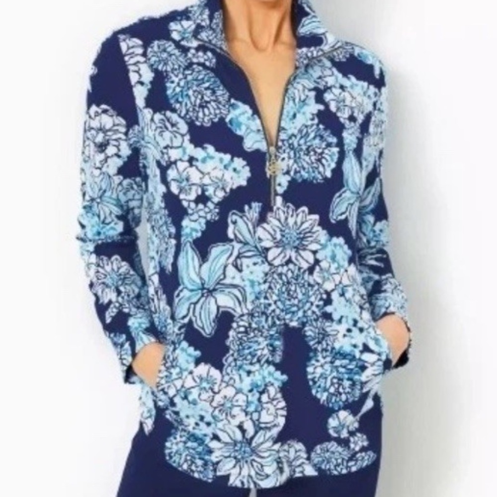 Lilly Pulitzer UPF 50+ Skipper Popover Low Tide Navy 💐Bouquet All Day Sz L NWT